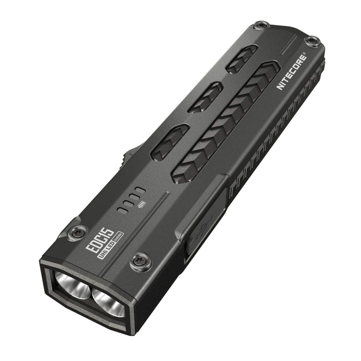 Flat profile shot of the Nitecore EDC15 slim EDC flashlight showing its PVD-coated stainless steel body