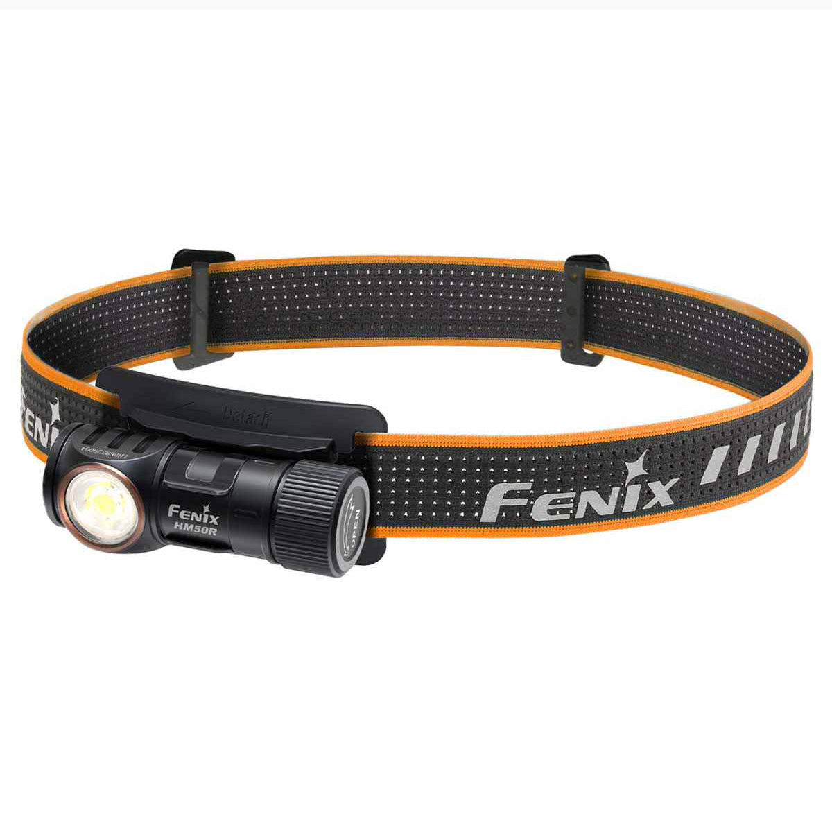 Product shot of the Fenix HM50R V2.0 rechargeable headlamp in black anodized aluminium with its headband fitted