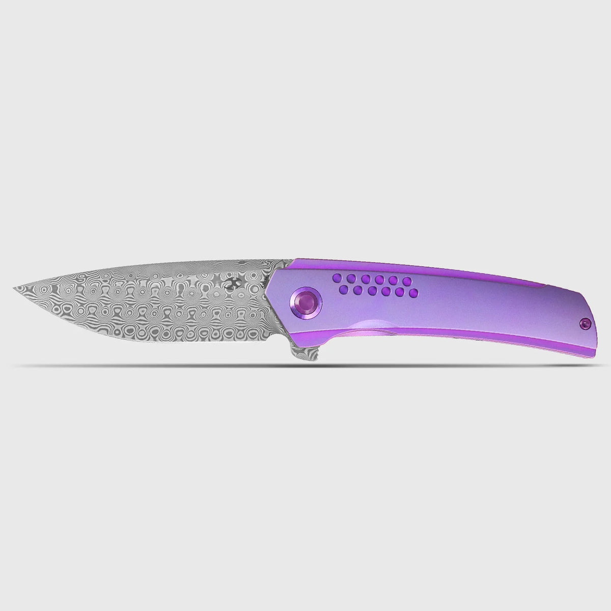 Kansept Tracer K1115A3 Damascus frame-lock folder with purple anodized titanium, open flat lay on a white background