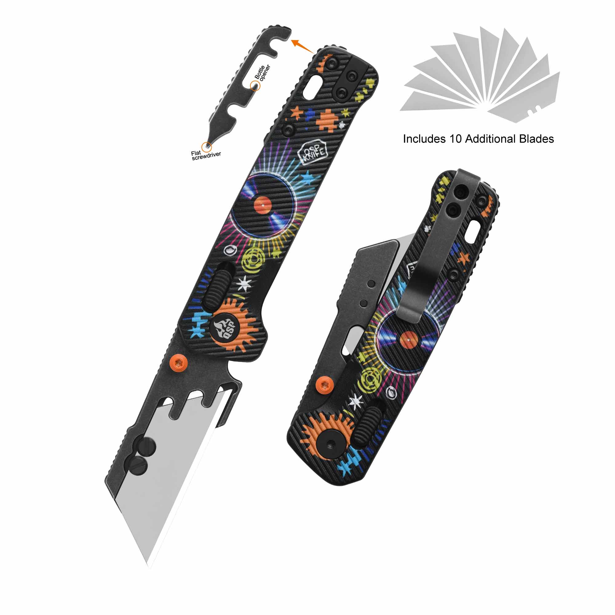 QSP Penguin Workmate QS130UT-REC Stainless Steel Blade Black FRN Handle Glyde Lock Utility Knife-Record Edition