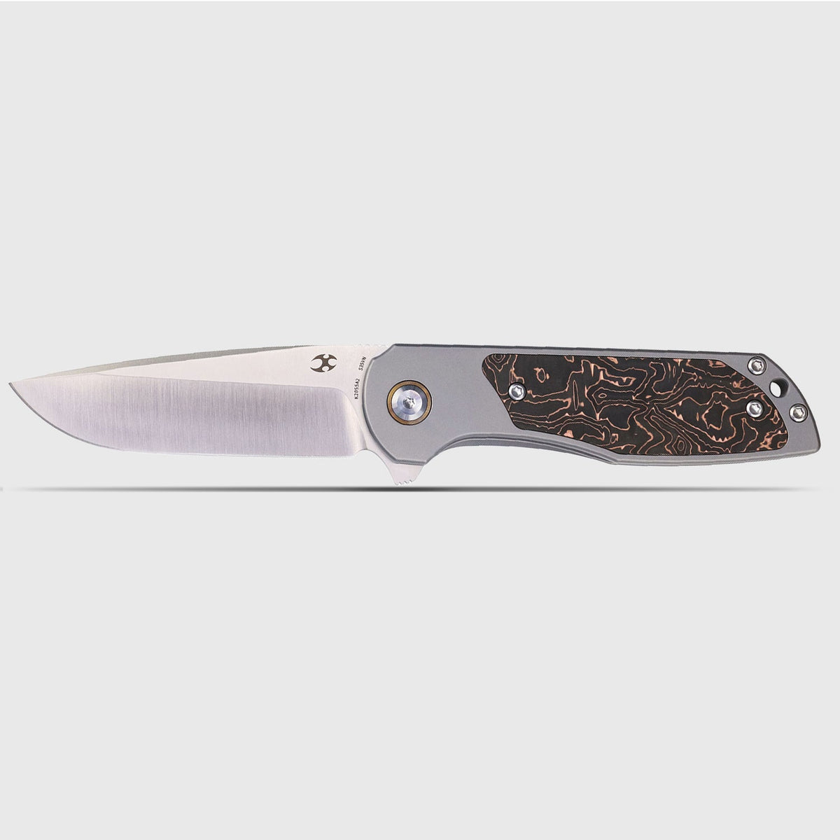 Kansept Ptarmigan K2055A2 CPM-S35VN frame-lock folder with copper carbon fiber, open flat lay on a white background