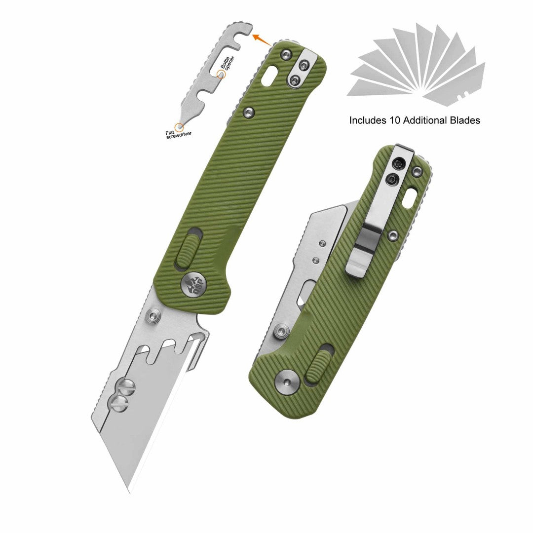 Navaja de trabajo QSP Penguin Workmate QS130UT-B con hoja de acero inoxidable, mango de FRN verde OD y bloqueo Glyde Lock