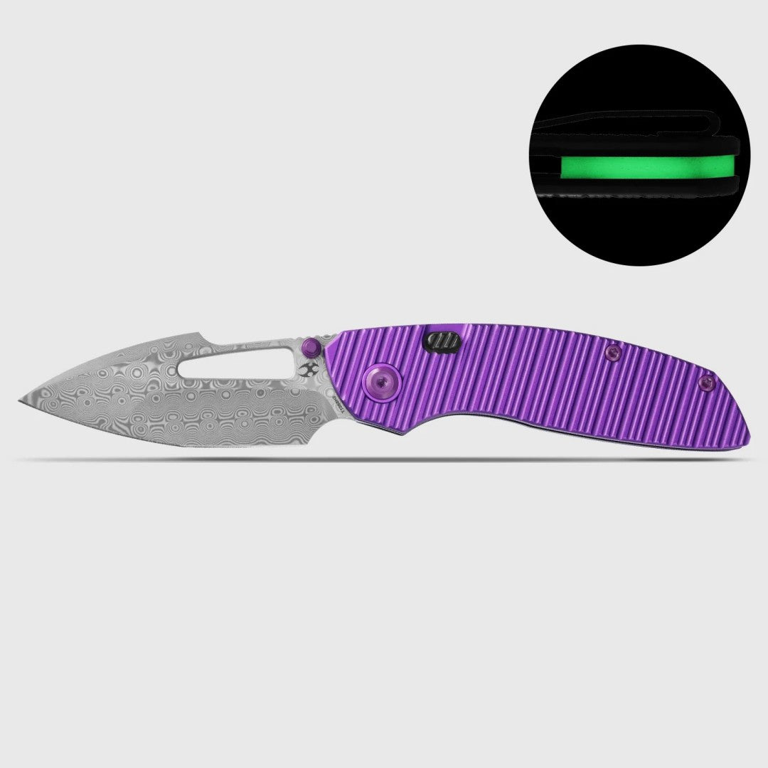 Kansept Link T1068H2 Damascus Blade Purple Aluminum Handle Top Liner Lock Folding Knife