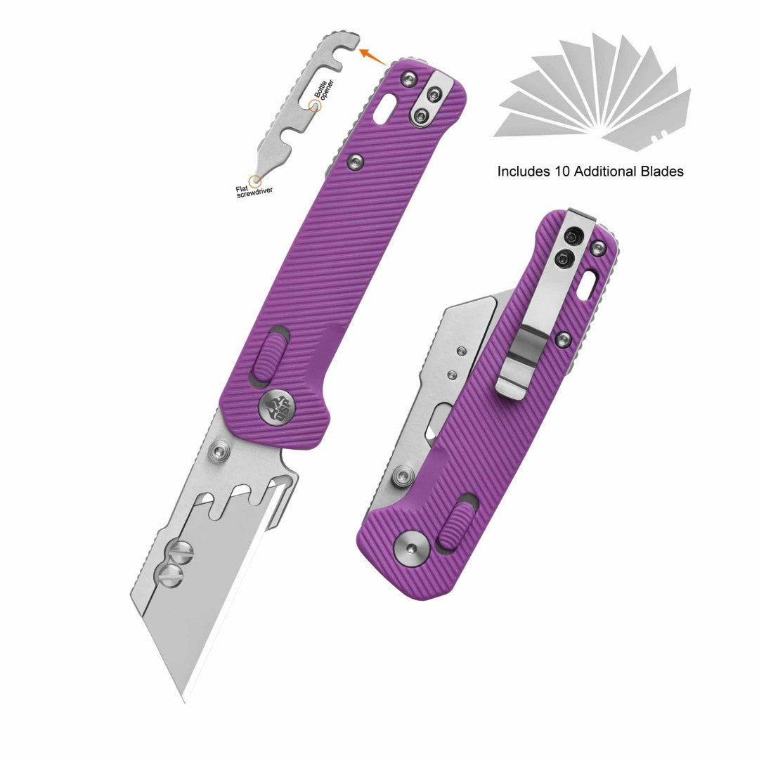 Cuchillo utilitario QSP Penguin Workmate QS130UT-E, hoja de acero inoxidable, mango de FRN púrpura, bloqueo Glyde