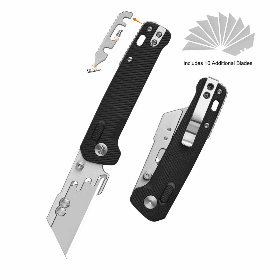Cuchillo utilitario QSP Penguin Workmate QS130UT-A con hoja de acero inoxidable, mango de FRN negro y bloqueo Glyde Lock