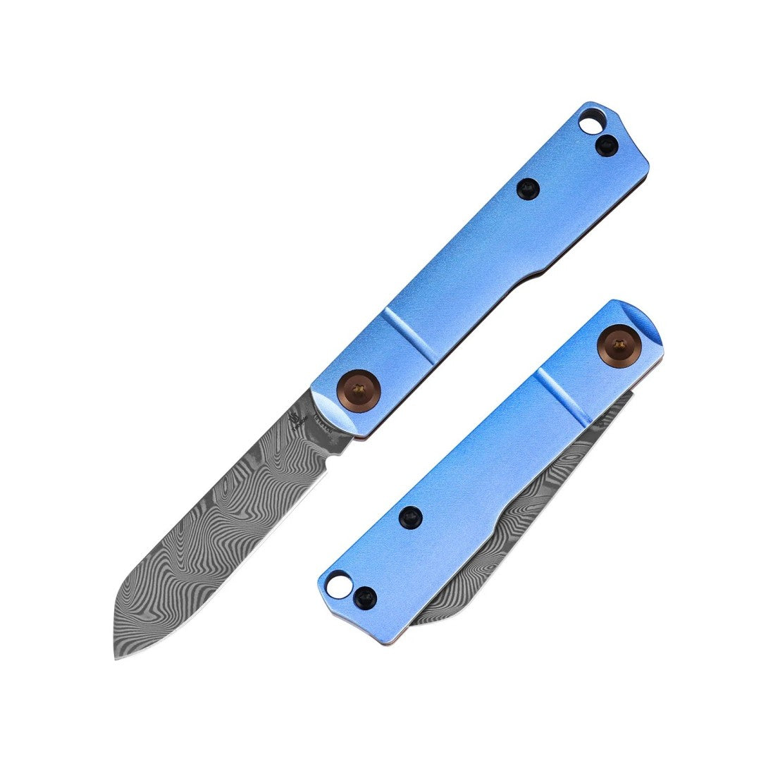 Tenable Riflestock B2131S1 Water Ripple Damascus Blade Light Blue Anodized Aluminum Handle Lock Back Folding knife