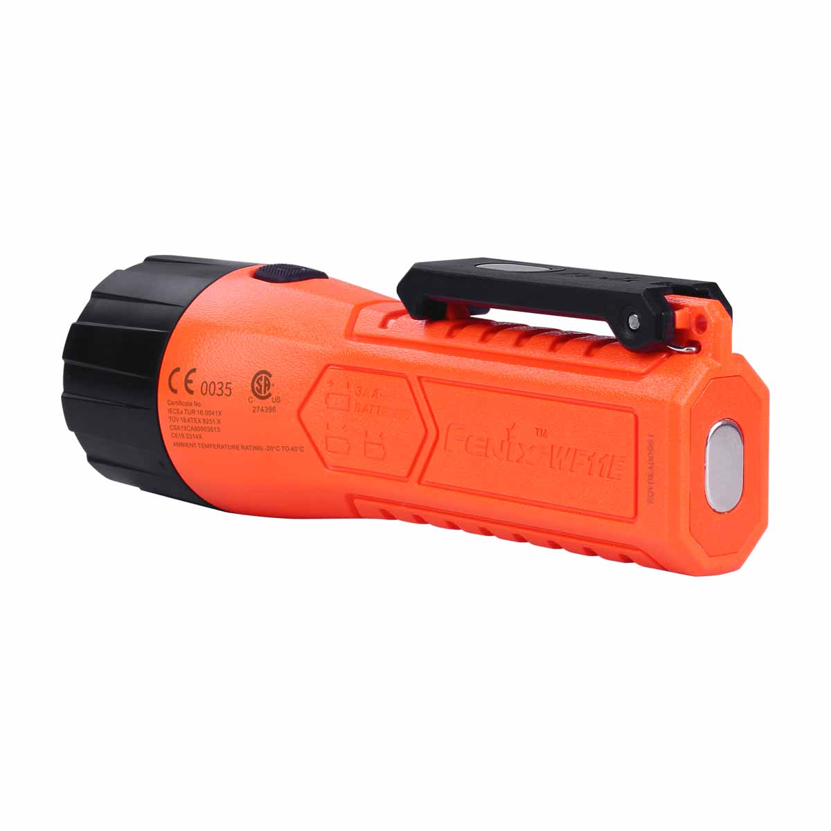 Close-up of the Fenix WF11E magnetic tail cap and anti-static orange housing, the mounting point for hands-free use on steel surfaces