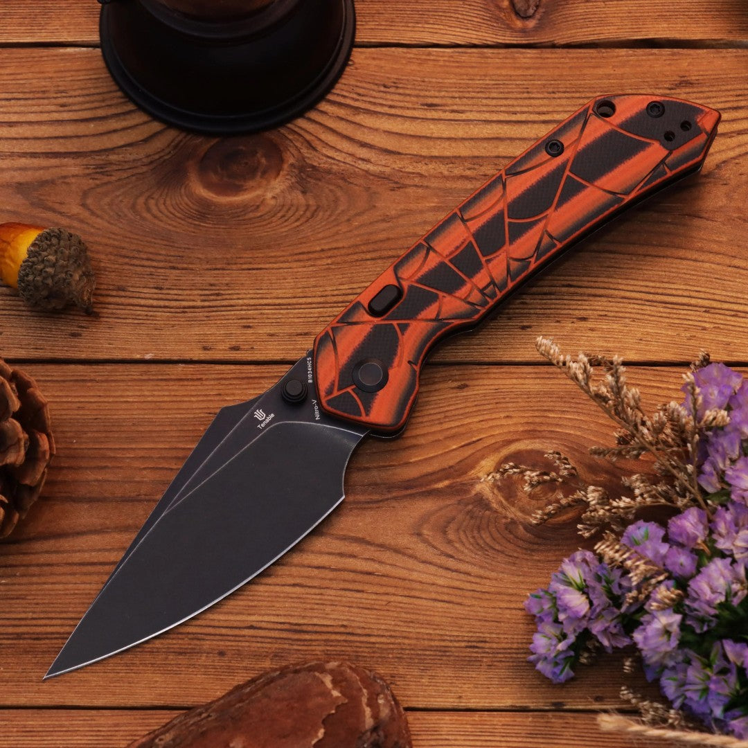 Tenable Fenrir B1034HC5 Blackwash Nitro-V Blade Orange & Black G10 Handle Top Liner Lock Folding Knife