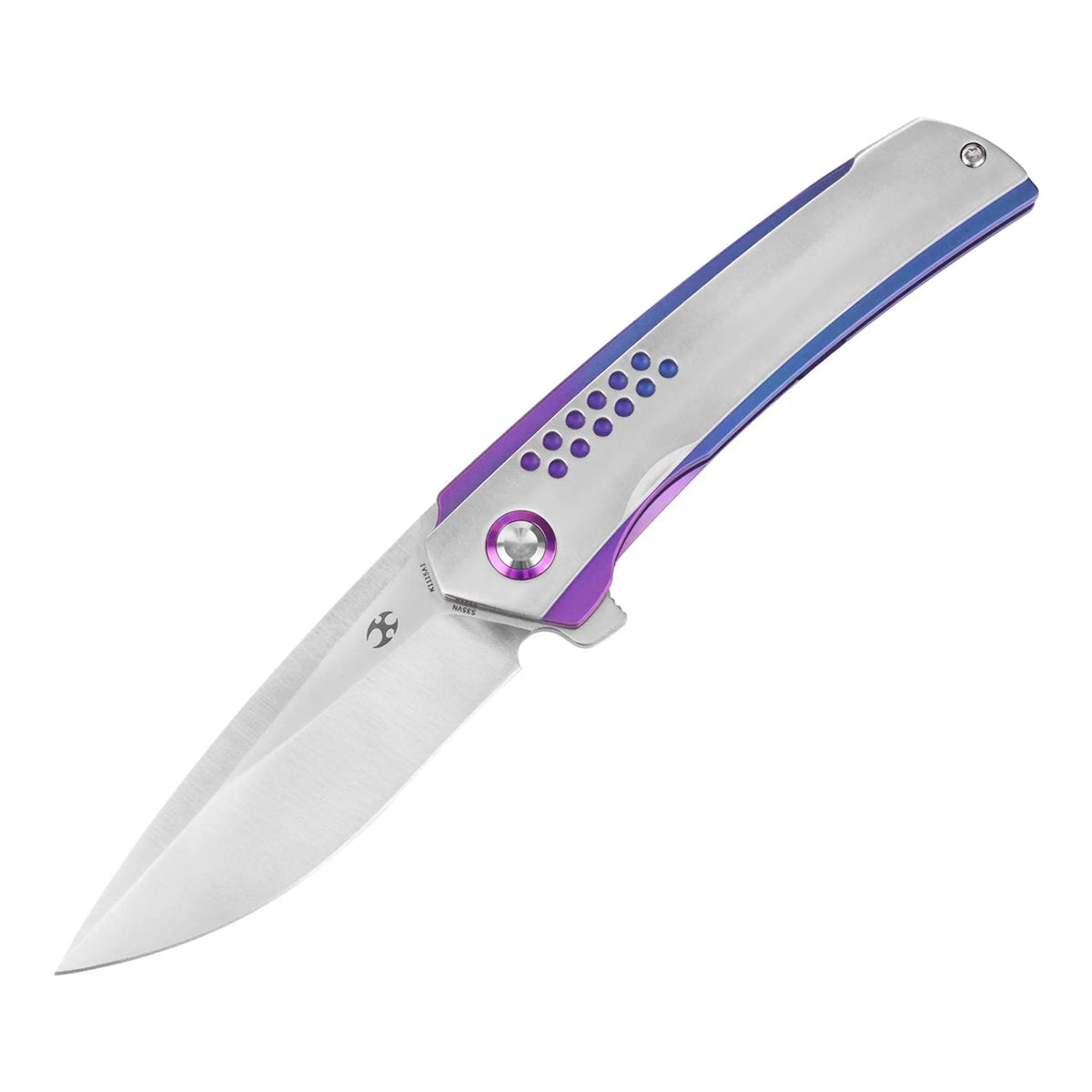 Kansept Tracer K1115A1 CPM-S35VN frame-lock folder with blue-purple anodized titanium, closed three-quarter angle on a white background