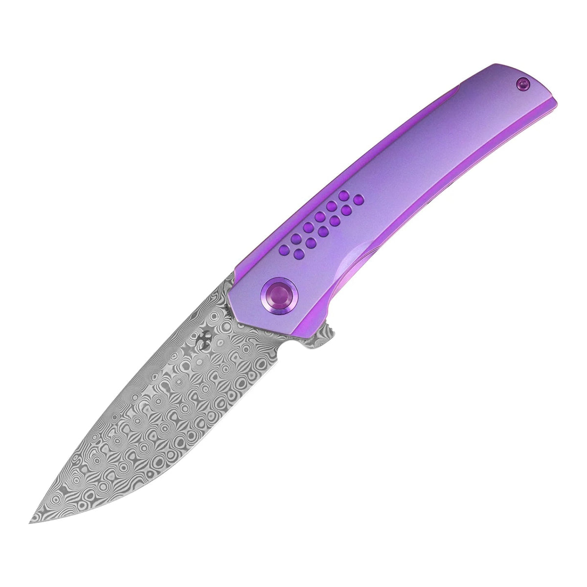 Kansept Tracer K1115A3 Damascus frame-lock folder with purple anodized titanium, closed three-quarter angle on a white background