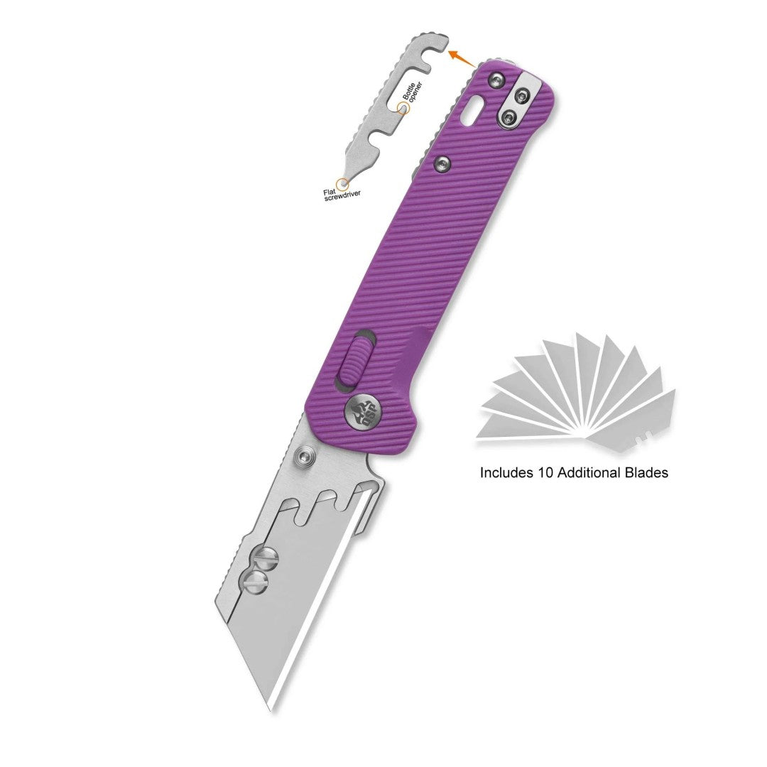Cuchillo utilitario QSP Penguin Workmate QS130UT-E, hoja de acero inoxidable, mango de FRN púrpura, bloqueo Glyde