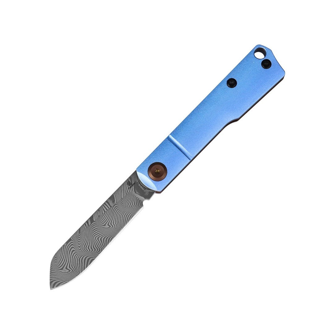 Tenable Riflestock B2131S1 Water Ripple Damascus Blade Light Blue Anodized Aluminum Handle Lock Back Folding knife