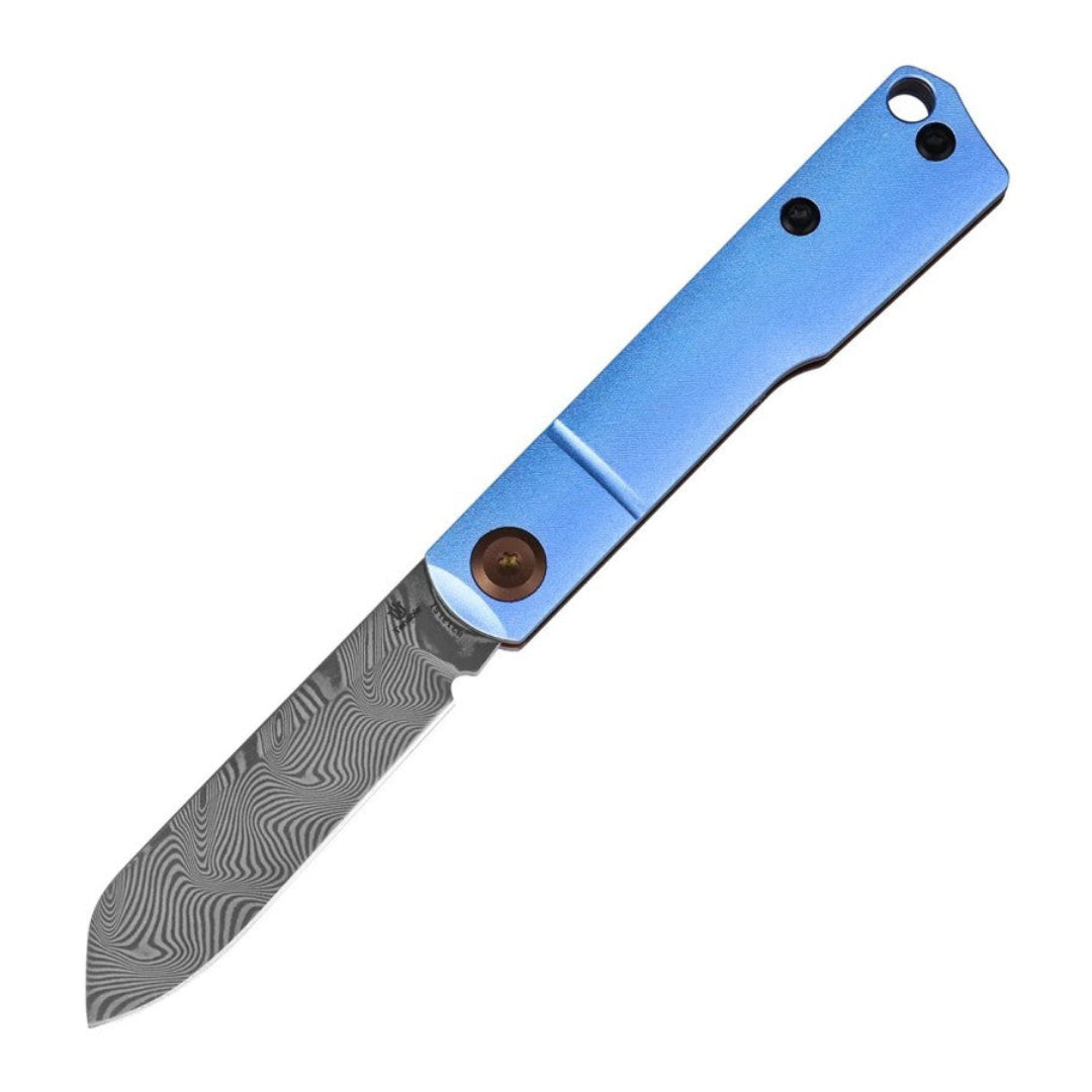 Three-quarter open view of the Tenable Riflestock B2131S1 folder with water ripple Damascus blade and light blue anodized aluminum handle