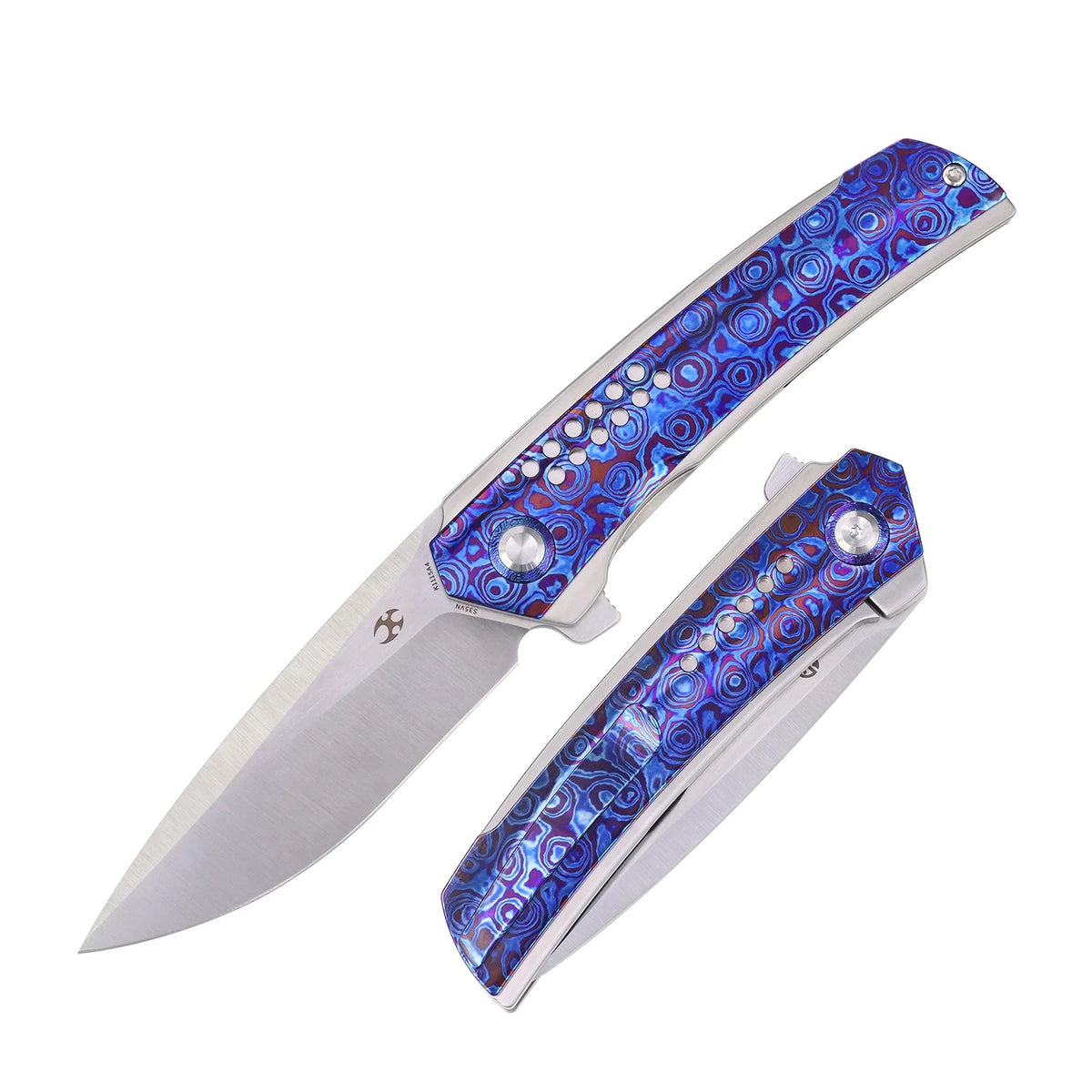 Kansept Tracer K1115A4 CPM-S35VN frame-lock folder with titanium and Timascus, closed angled view showing the handle scale