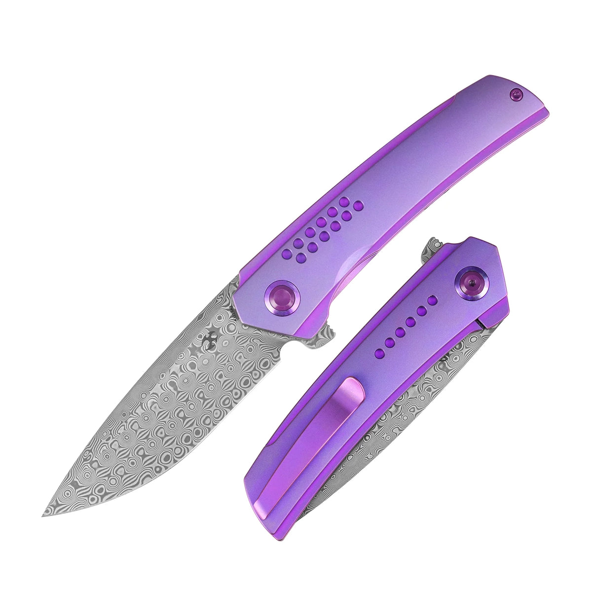 Kansept Tracer K1115A3 Damascus frame-lock folder with purple anodized titanium, closed angled view showing the handle scale