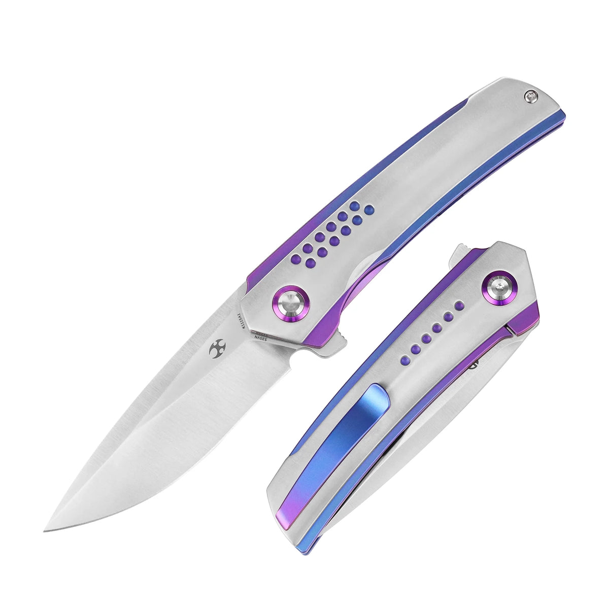 Kansept Tracer K1115A1 CPM-S35VN frame-lock folder with blue-purple anodized titanium, closed angled view showing the handle scale