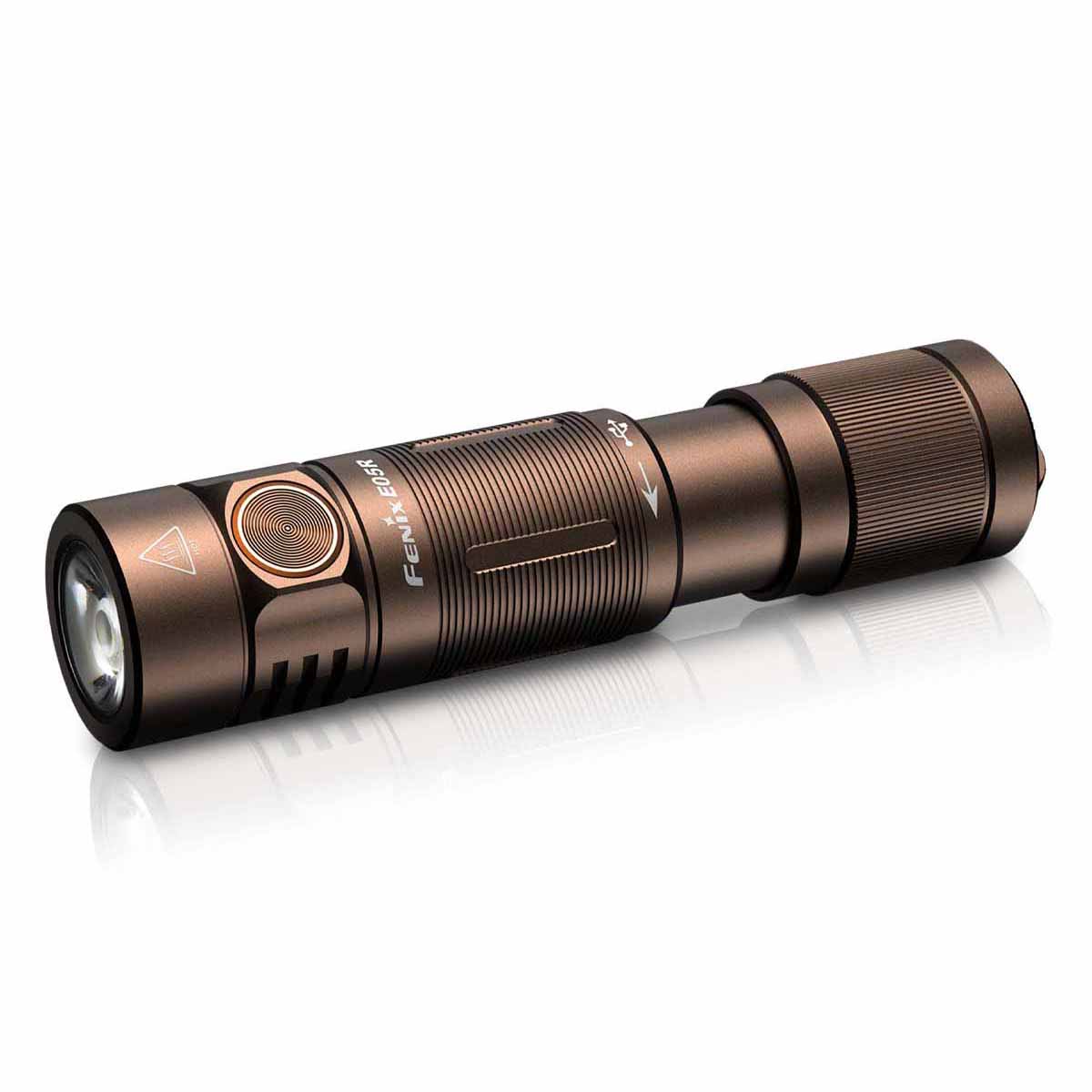 Fenix E05R Mini keychain flashlight in brown anodized aluminium, side profile view showing the compact 2.68 inch body