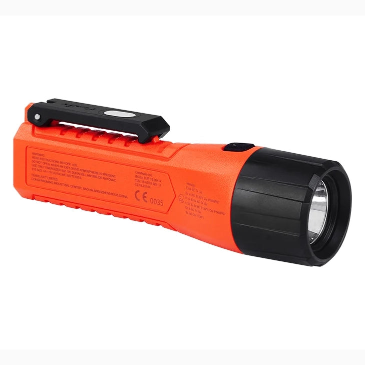 Top-down view of the Fenix WF11E work light showing the side switch, body clip and moulded grip channels on its explosion-proof housing