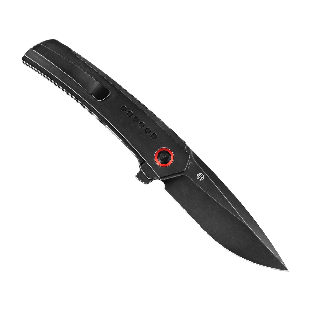 Kansept Tracer K1115A2 CPM-S35VN frame-lock folder with blackwash titanium, open angled left on a white background