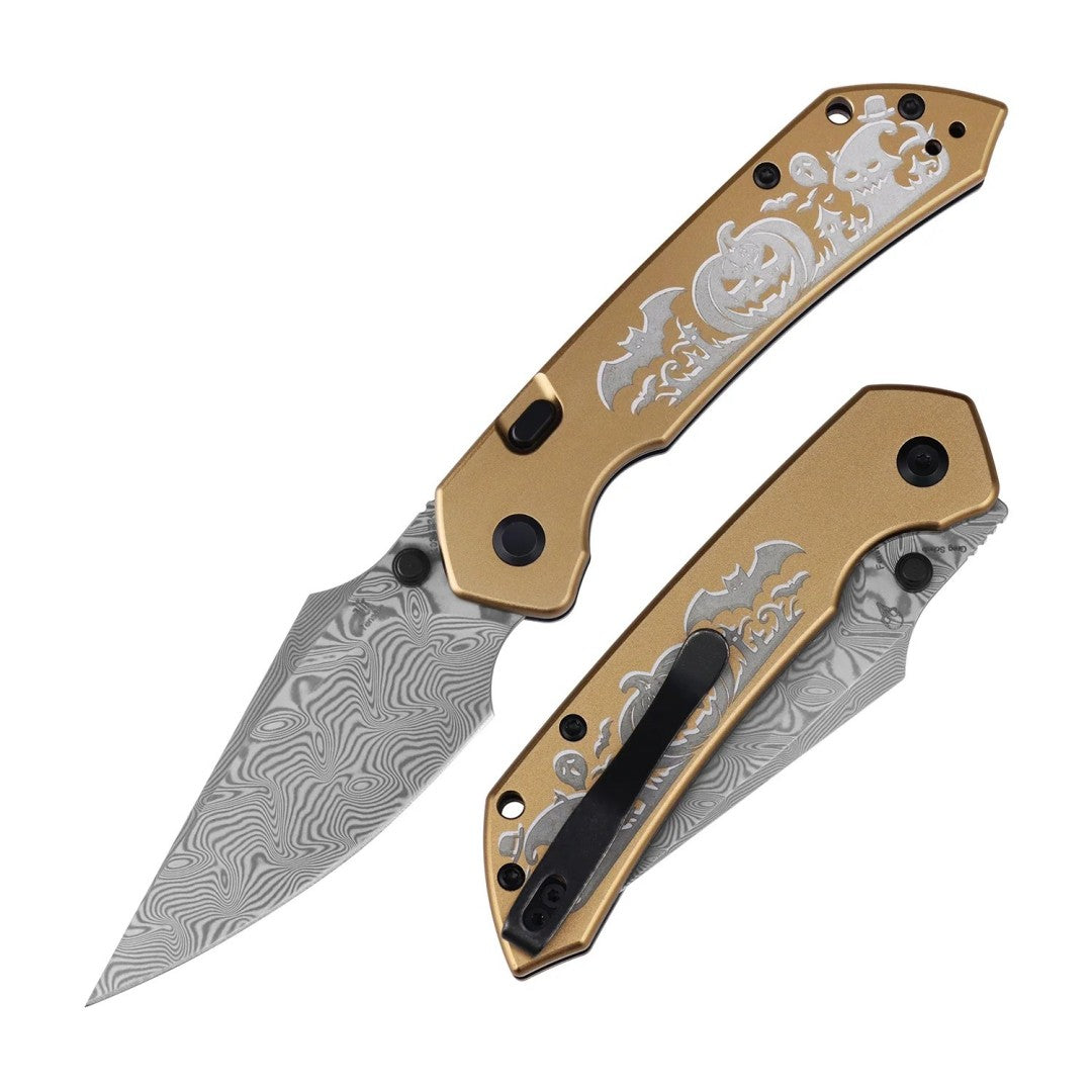 Open and closed pair of the Tenable Fenrir B1034H24 folding knife showing golden anodized aluminum scales and blade