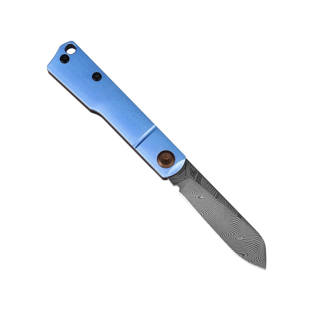 Tenable Riflestock B2131S1 Water Ripple Damascus Blade Light Blue Anodized Aluminum Handle Lock Back Folding knife