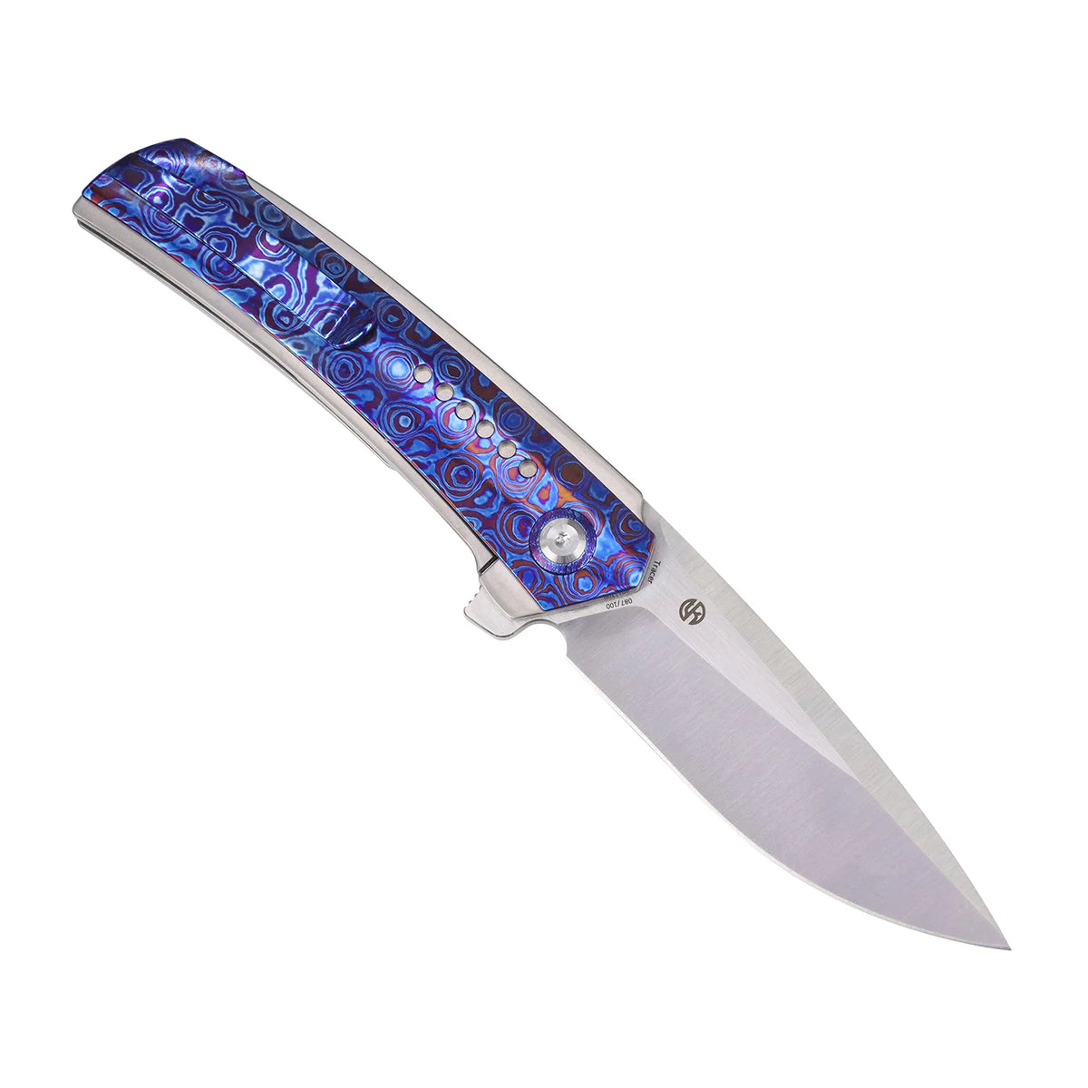 Kansept Tracer K1115A4 CPM-S35VN frame-lock folder with titanium and Timascus, open angled left on a white background