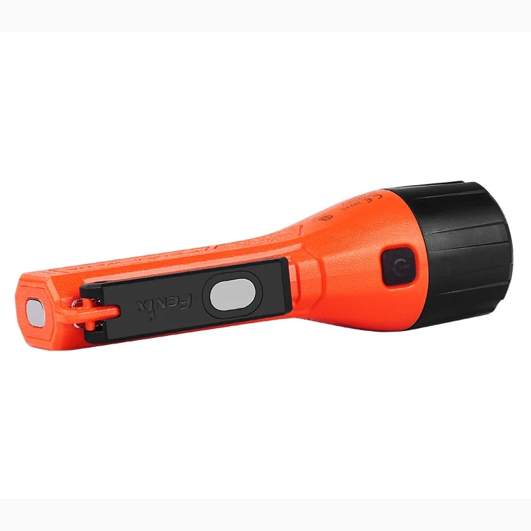 Fenix WF11E intrinsically safe flashlight held in hand, showing the 6.6 inch safety orange body and black magnetic body clip in scale