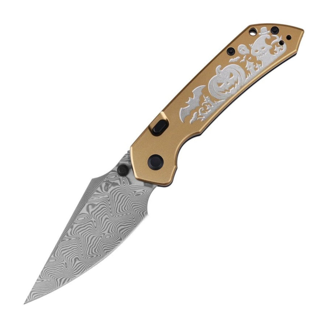Three-quarter open view of the Tenable Fenrir B1034H24 folder with water ripple Damascus harpoon blade and golden anodized aluminum handle