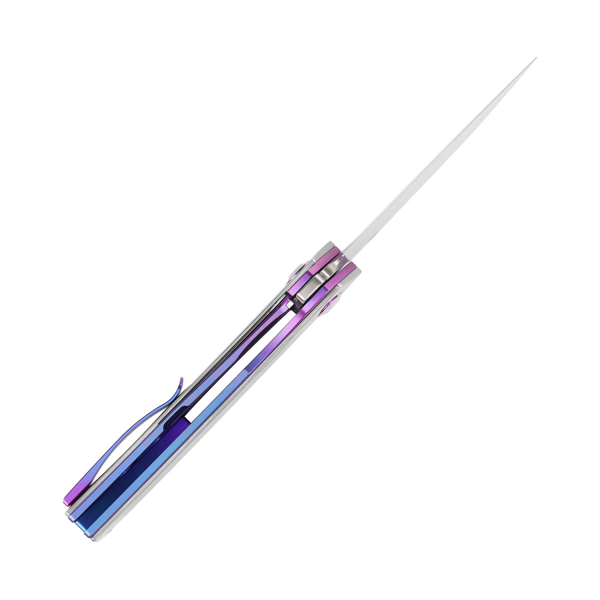 Kansept Tracer K1115A1 CPM-S35VN frame-lock folder with blue-purple anodized titanium, open top profile view showing the blade tip
