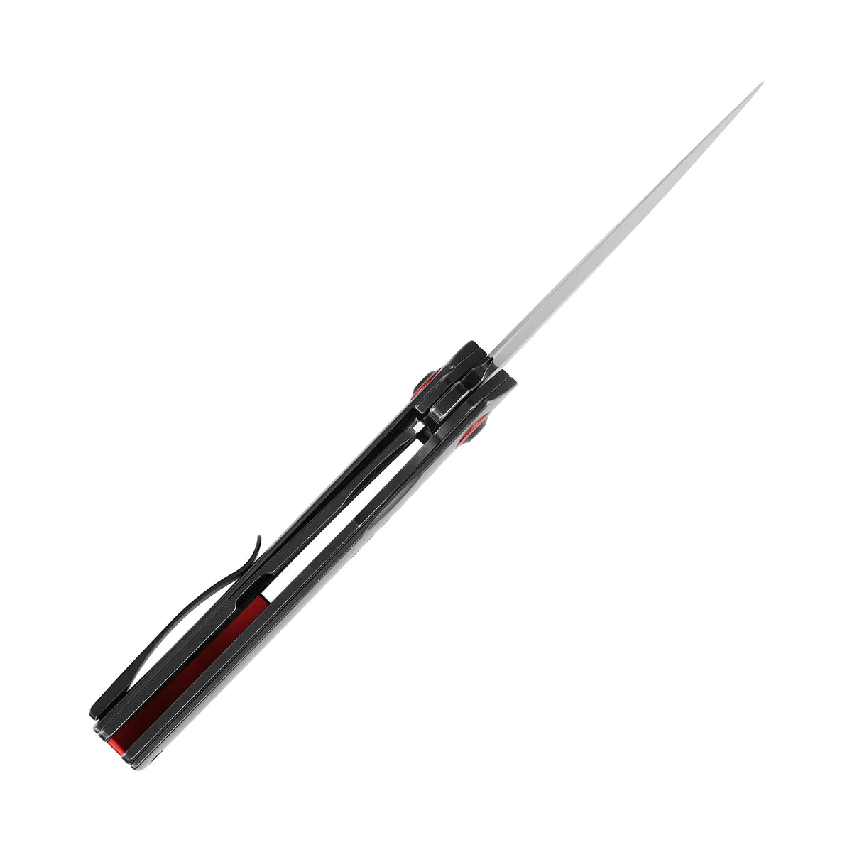 Kansept Tracer K1115A2 CPM-S35VN frame-lock folder with blackwash titanium, open top profile view showing the blade tip