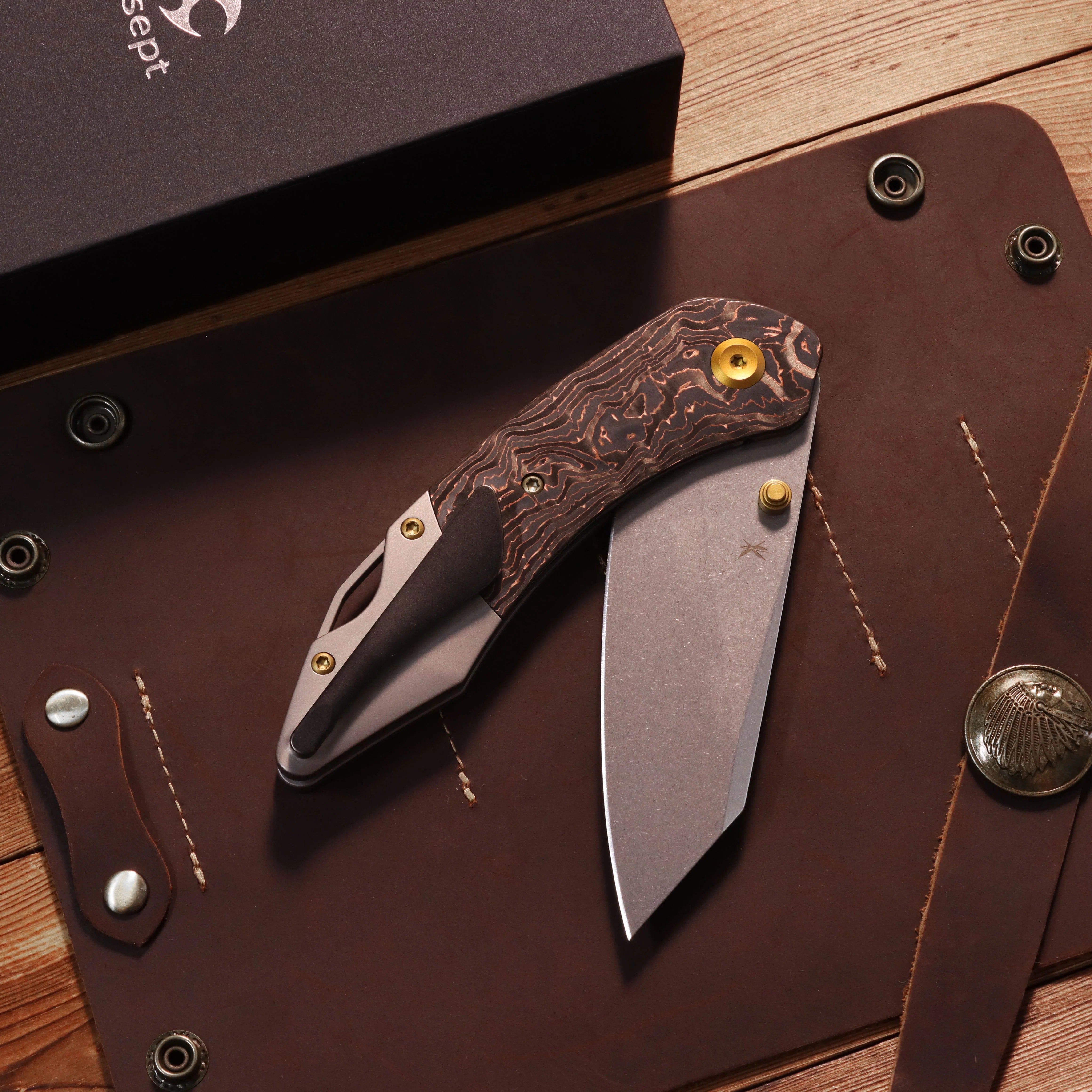 Kansept K9 K1151A2 CPM-S35VN Blade Copper Carbon Fiber & Titanium Handle Bolster Liner Lock Folding Knife