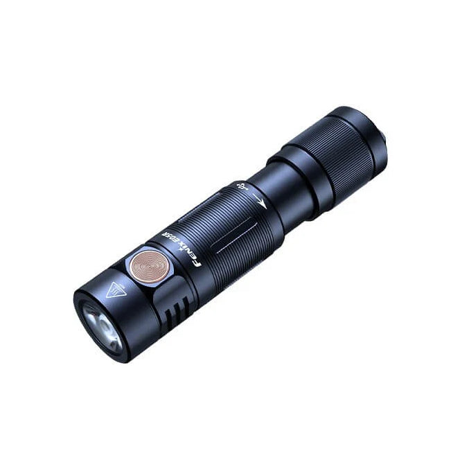 Fenix E05R Mini keychain light in black anodized aluminium, angled view showing the LED head and single body switch