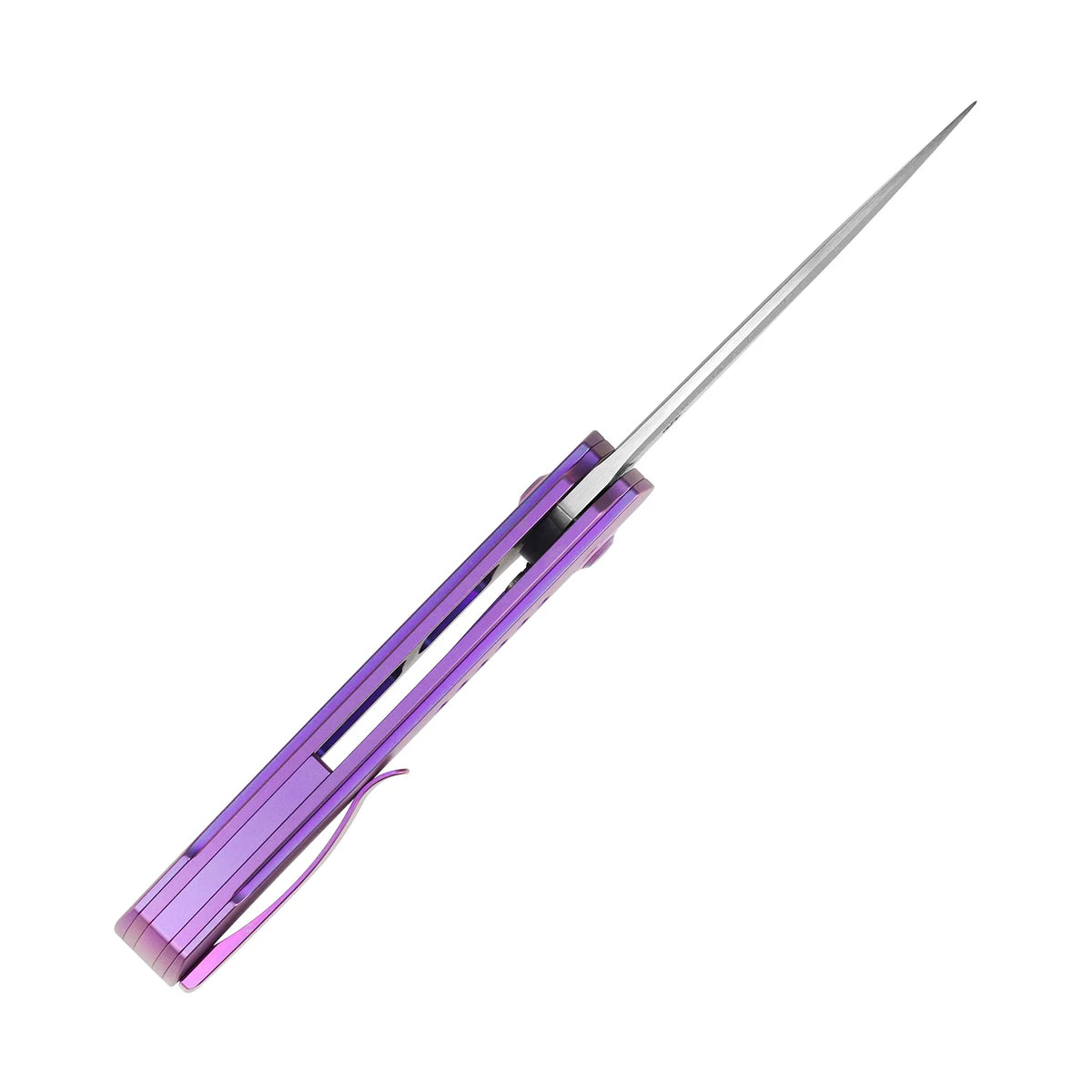 Kansept Tracer K1115A3 Damascus frame-lock folder with purple anodized titanium, open side profile view