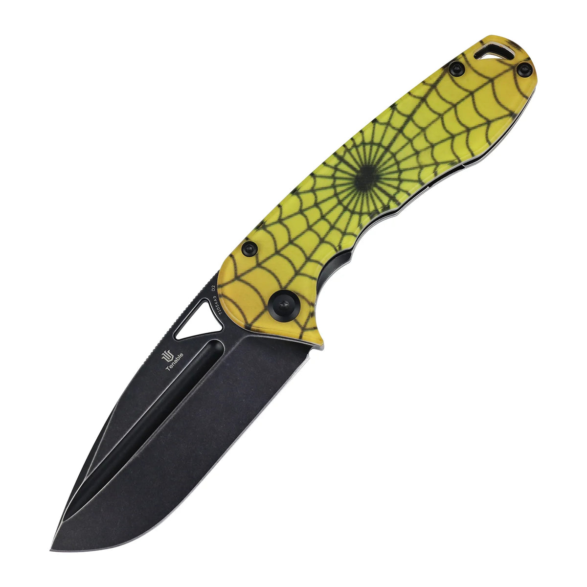 Tenable Bömbur T1054A9 Blackwash D2 Blade PC with Yellow Spiderweb Pattern Handle Liner Lock Folding Knife