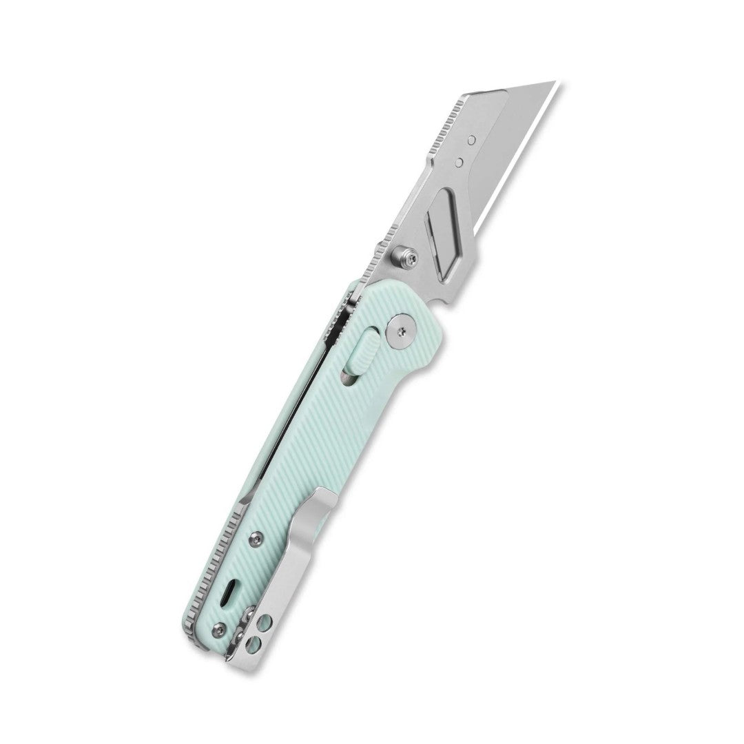 Three-quarter open view of the Penguin Workmate QS130UT-D showing ice-cream blue FRN handle and steel blade segment