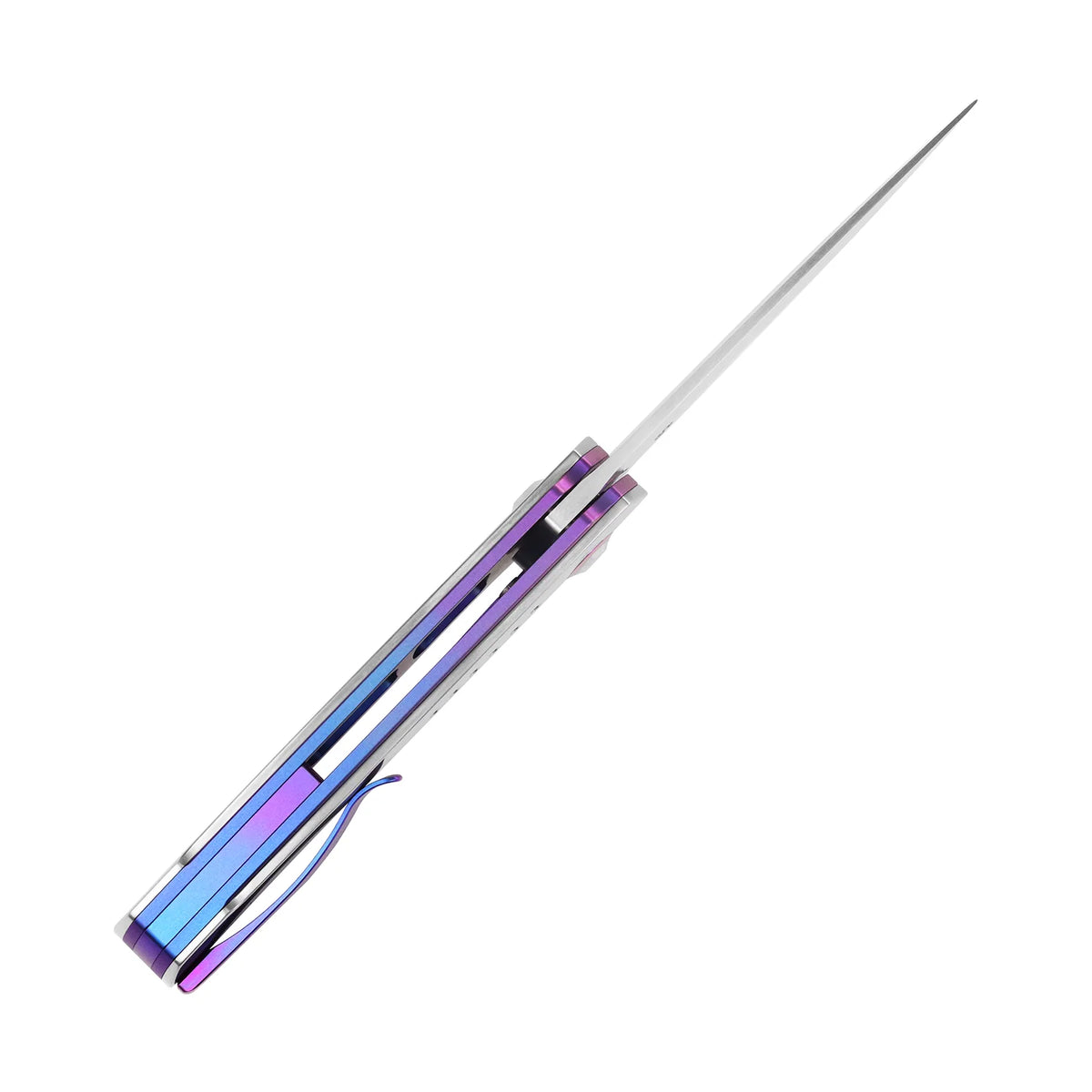 Kansept Tracer K1115A1 CPM-S35VN frame-lock folder with blue-purple anodized titanium, open side profile view