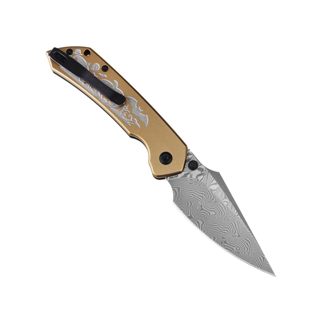 Side profile of the open Tenable Fenrir B1034H24 showing the water ripple Damascus harpoon blade grind