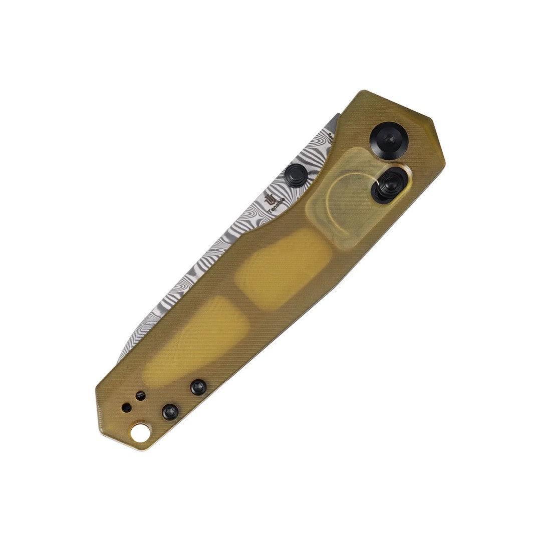 Tenable Beaver T1105V6 Water Ripple Damascus Blade Amber PEI/Ultem Handle Crossbar Lock Folding Knife