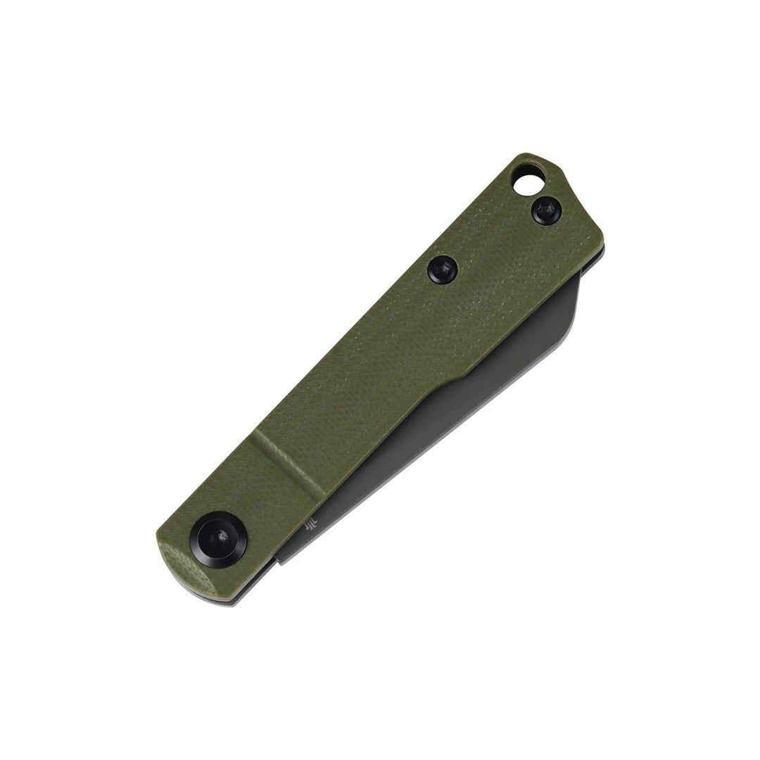 Rear three-quarter view of the closed B2131S4 folder showing olive green G10 scales and lanyard hole