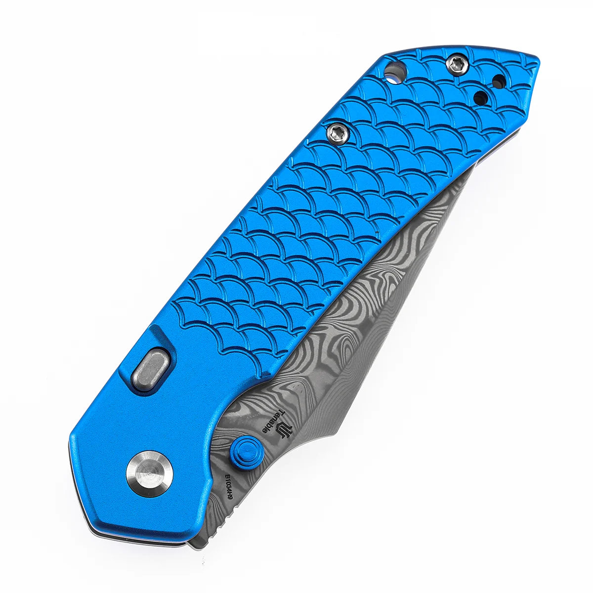 Tenable Fenrir B1034H9 Damascus Blade Blue Aluminum Handle Top Liner Lock Folding Knife