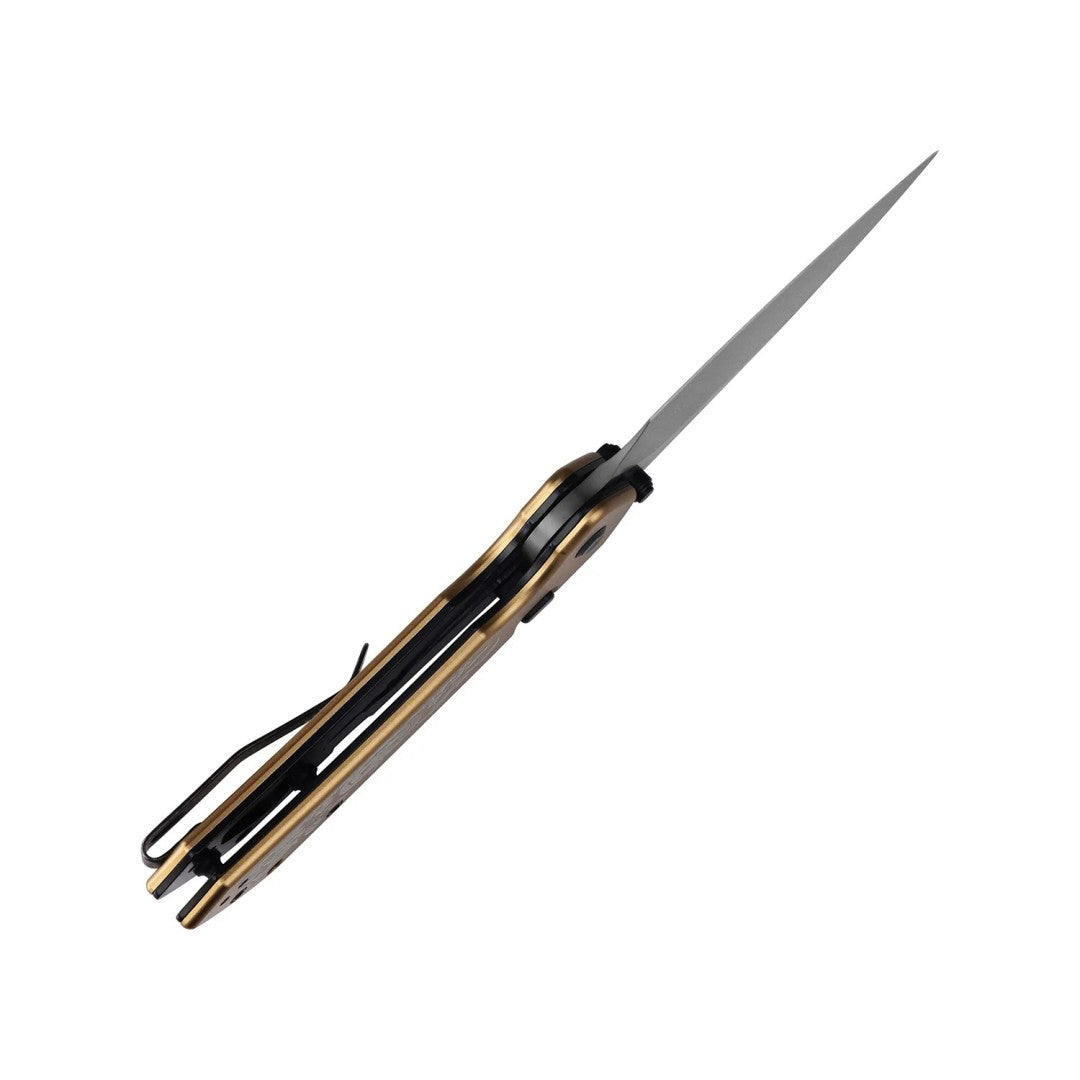 Closed Tenable Fenrir B1034H24 spine view showing the pocket clip and pivot hardware, studio product photo on a white background