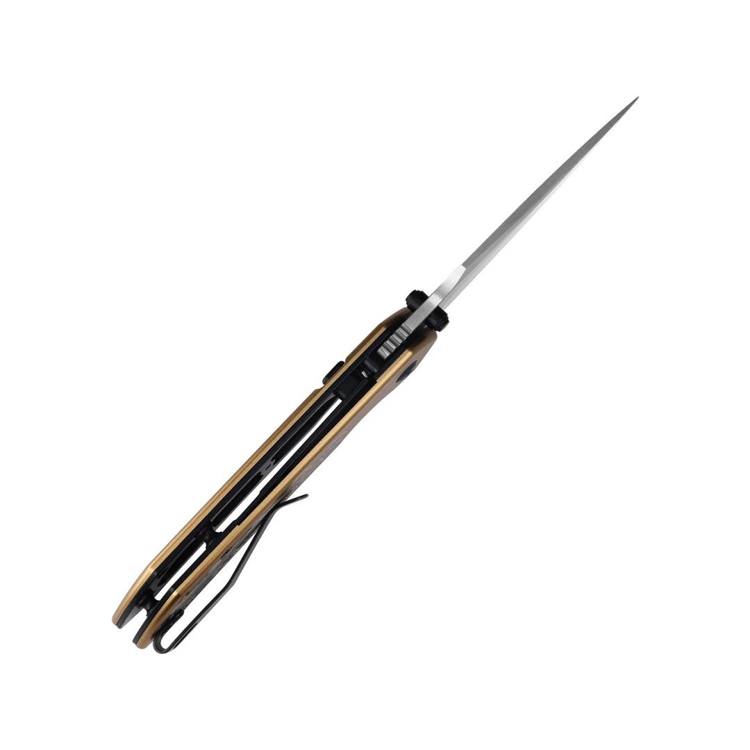 Closed Tenable Fenrir B1034H24 side view with golden anodized aluminum scales and stonework, studio product photo on a white background