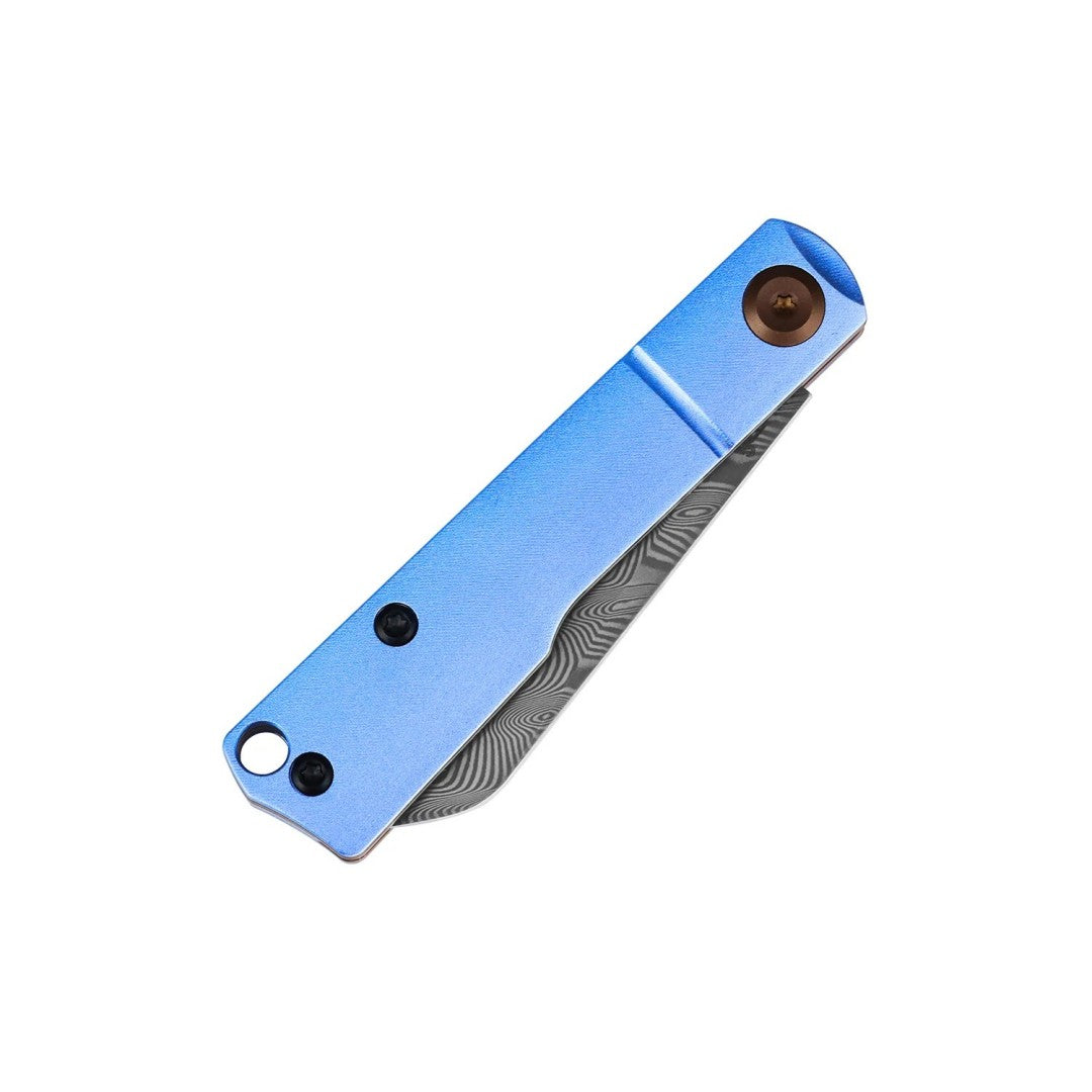 Tenable Riflestock B2131S1 Water Ripple Damascus Blade Light Blue Anodized Aluminum Handle Lock Back Folding knife