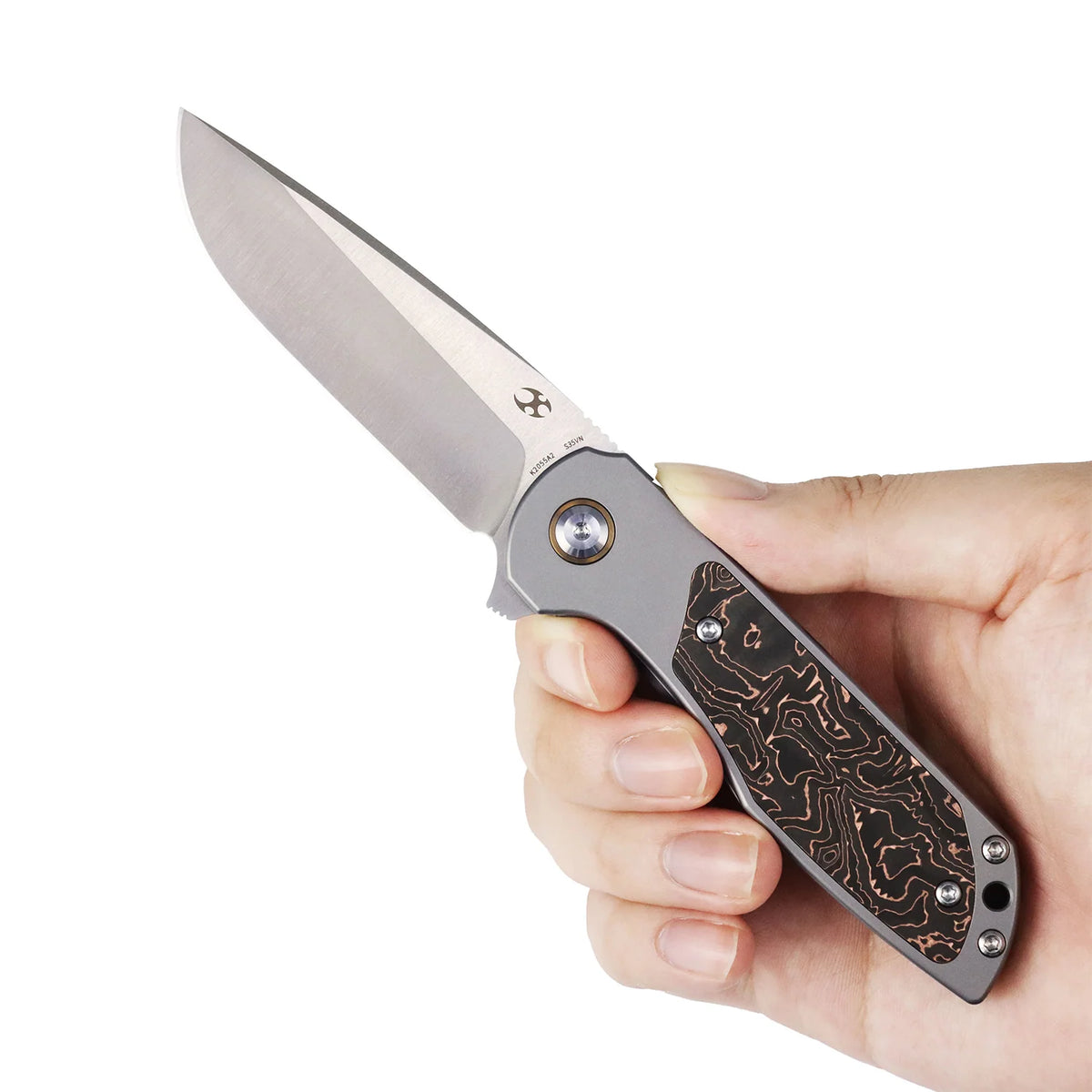 Kansept Ptarmigan K2055A2 CPM-S35VN frame-lock folder with copper carbon fiber, hand-held open view on a white background