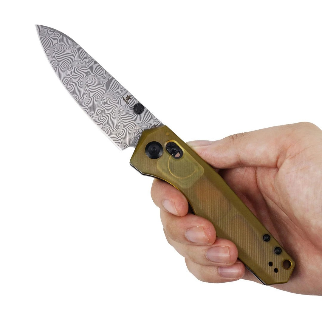 Tenable Beaver T1105V6 Water Ripple Damascus Blade Amber PEI/Ultem Handle Crossbar Lock Folding Knife