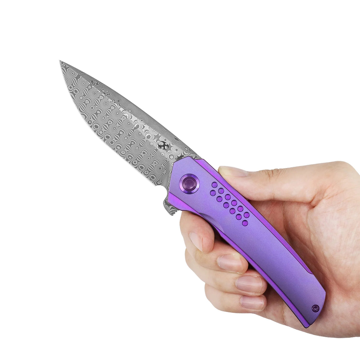 Kansept Tracer K1115A3 Damascus frame-lock folder with purple anodized titanium, hand-held open view on a white background