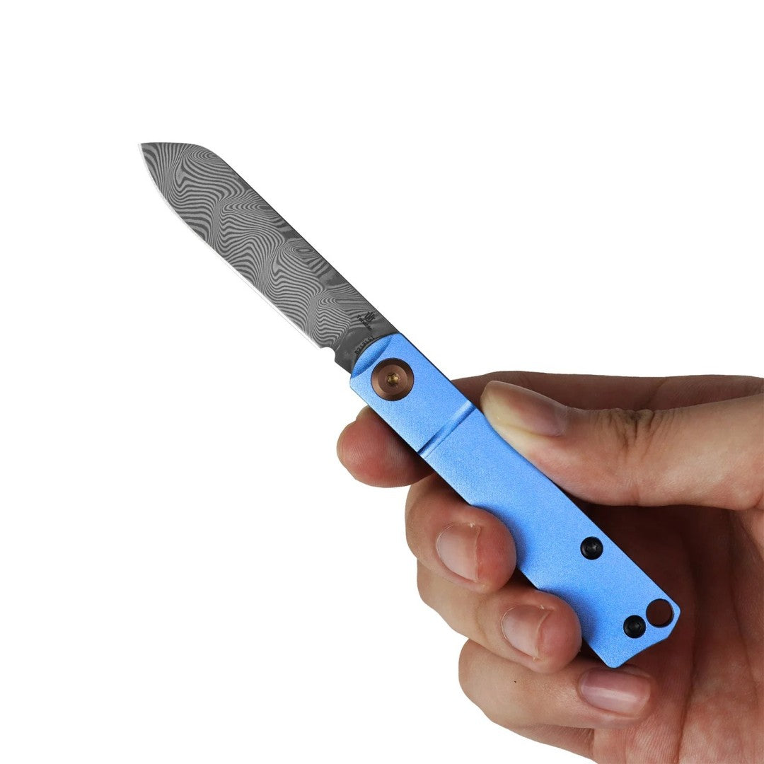 Tenable Riflestock B2131S1 Water Ripple Damascus Blade Light Blue Anodized Aluminum Handle Lock Back Folding knife