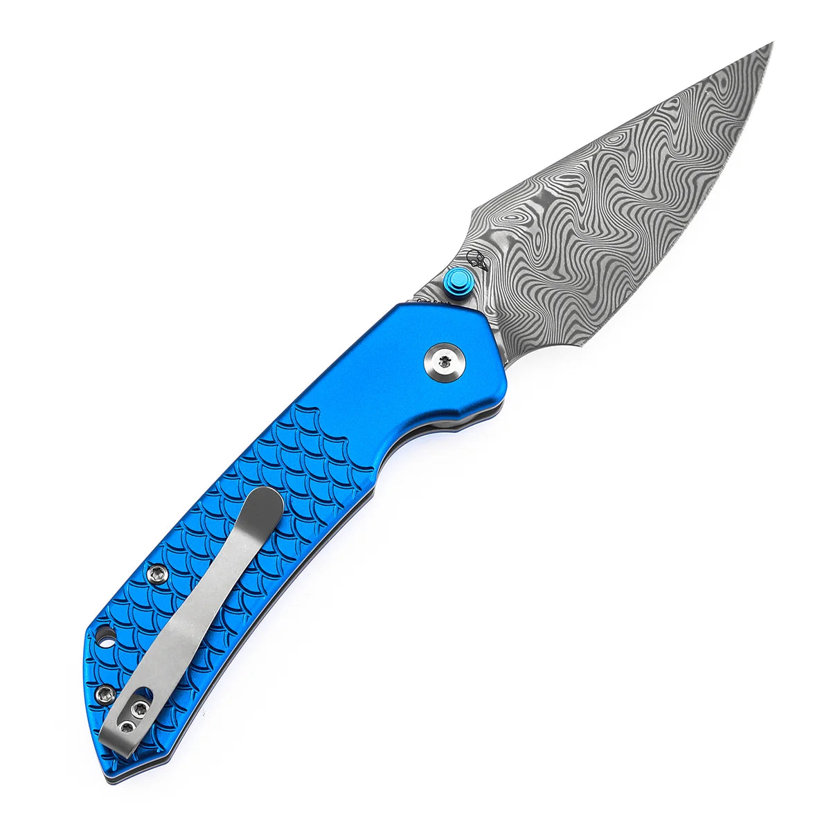 Tenable Fenrir B1034H9 Damascus Blade Blue Aluminum Handle Top Liner Lock Folding Knife