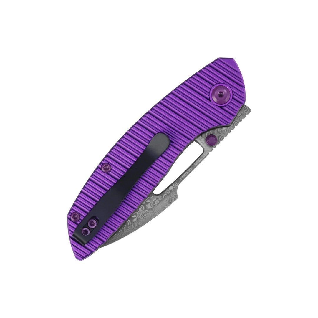 Kansept Link T1068H2 Damascus Blade Purple Aluminum Handle Top Liner Lock Folding Knife