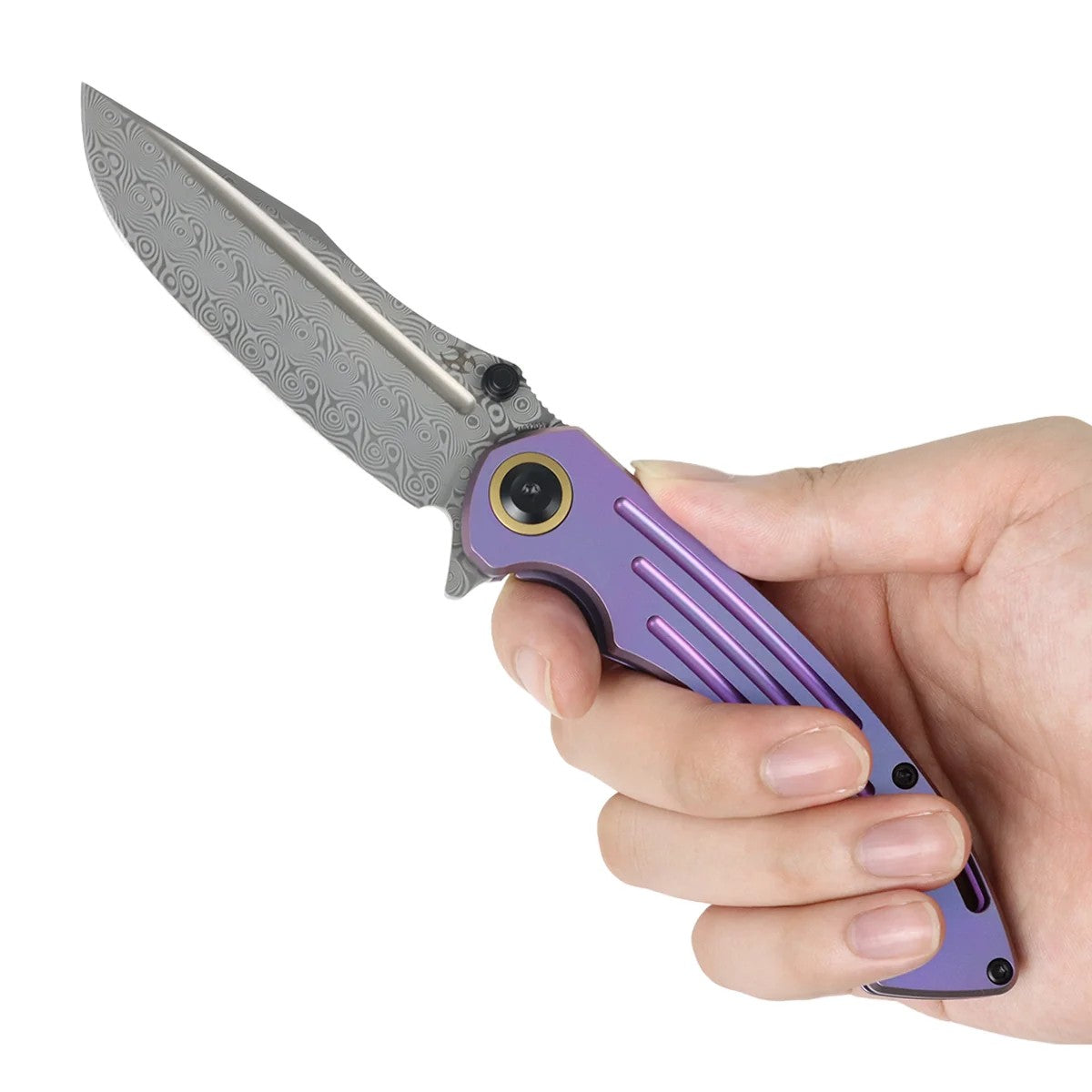 Kansept Pretatout K1032D5 Damascus Blade Purple Titanium Handle Frame Lock Folding Knife